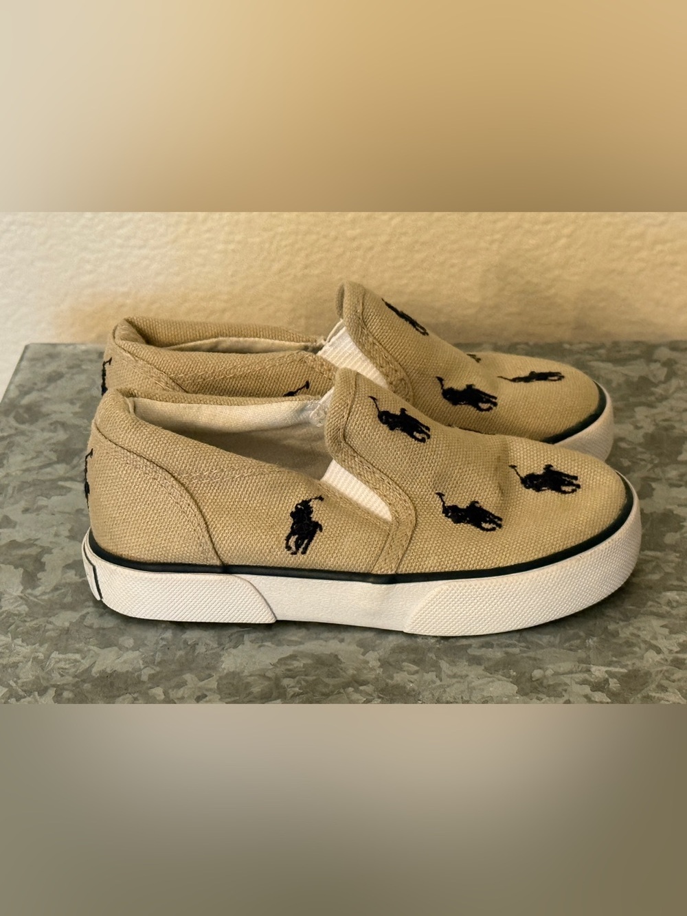 Kids Polo Ralph Lauren Bal Harbour Rep Khaki/Navy Slip-On Sneakers, Size 7
